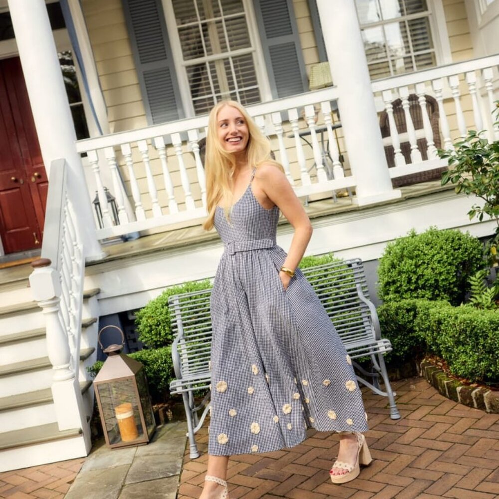 Katherine Dress x Rainey Collaboration - Navy Gingham with Cream Crochet Appliqu - Picture 2 of 4